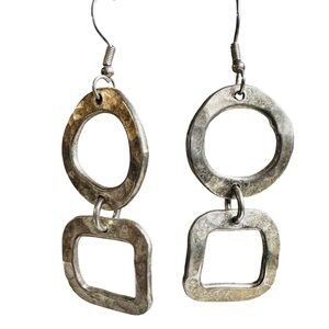 Mexico 925 Silver Hammered Circle Square Dangle Earrings
